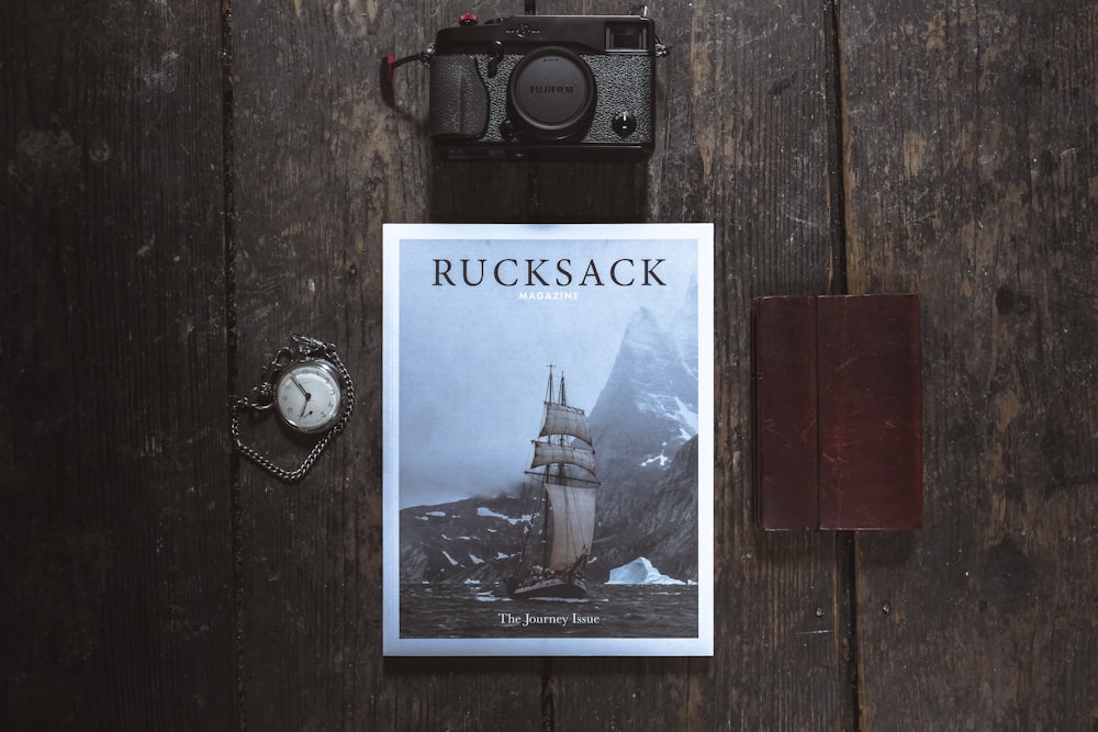 Rucksack book on brown wooden surface