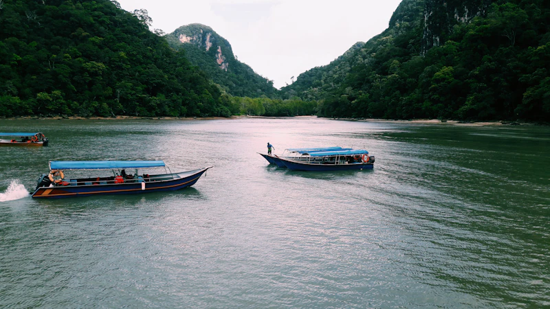 Tour boats on calm waters at Kilim Geoforest Park, Langkawi