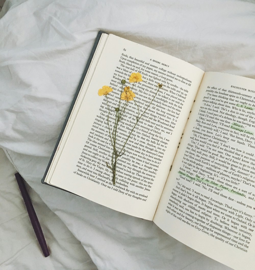 yellow flowers on open book