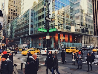Commercial real estate buildings in a bustling area.