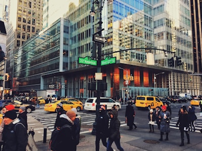 Commercial real estate buildings in a bustling area.