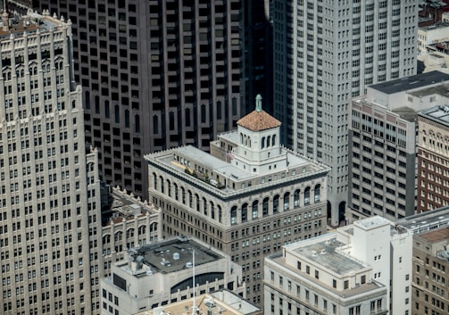 Aerial view of a cityscape showcasing architectural designs.