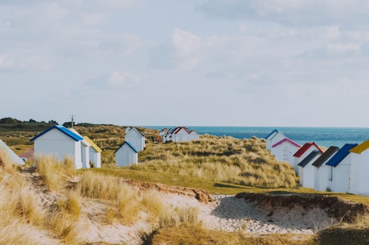 A series of small, white beach huts with colorful roofs are scattered along a sandy coastal area with dunes and grass. The sea is visible in the background with a clear blue sky overhead.