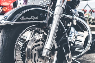 Close-up of a motorcycle focusing on the front wheel and fork. The shiny metal parts and intricate spokes are highlighted, with the bike's name 'Heritage Softail' visible on the fender. The background includes blurred elements like another vehicle and flowers.