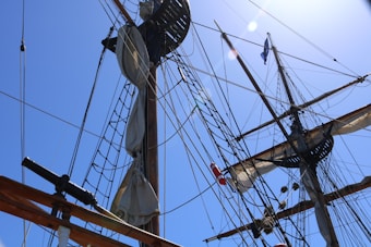 Detailed view of a ship's masts, rigging, and sails under a clear blue sky. The image showcases the intricate network of ropes, pulleys, and other rigging components essential for the operation of the tall ship. The wooden masts and spars rise up towards the sky, with the sails partially furled.