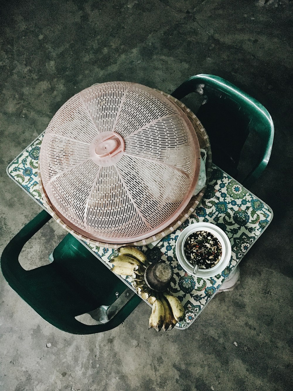 pink food basket on table