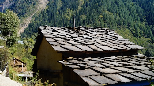 Steep slate roof installation framed by rustic wooden beams on a coastal house.