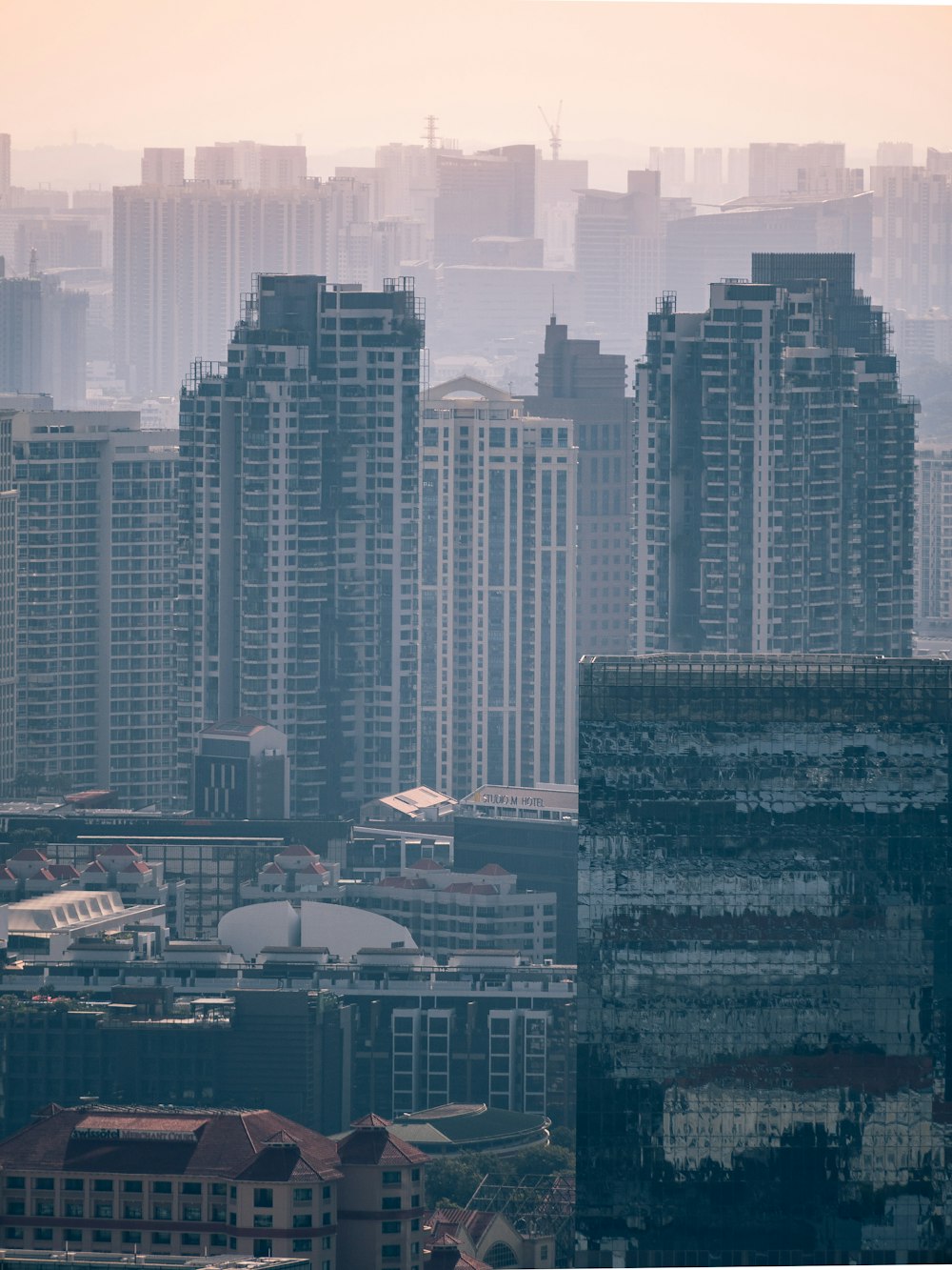 Edifícios altos na foto em escala de cinza