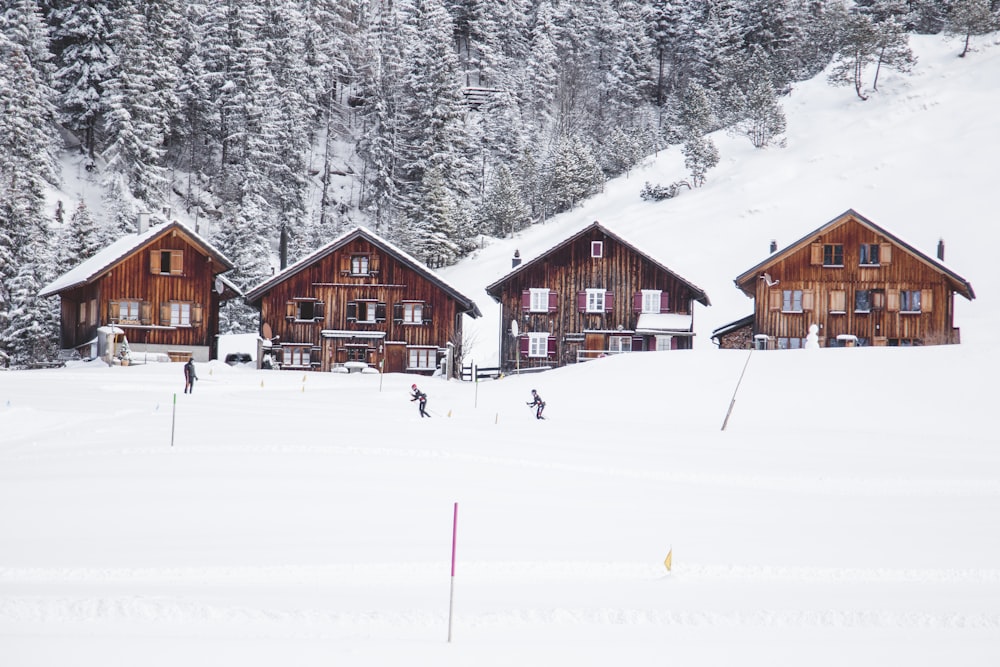 vier braune Holzhäuser auf schneebedecktem Feld