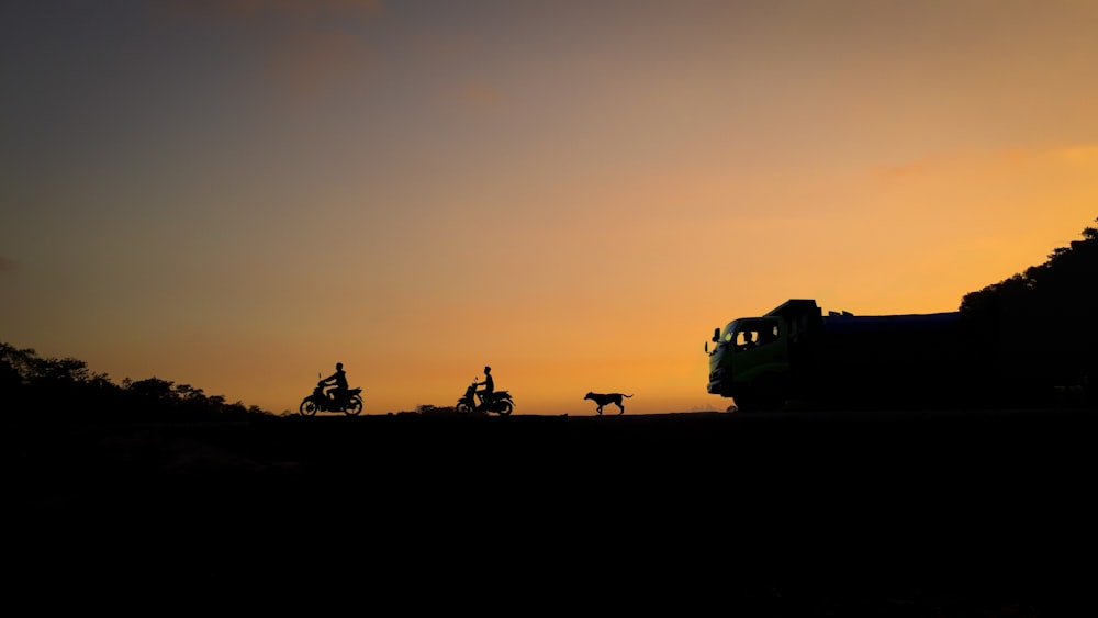 motorcycles, truck, and animal on road during golden hour