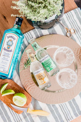 labeled bottles on table and plate