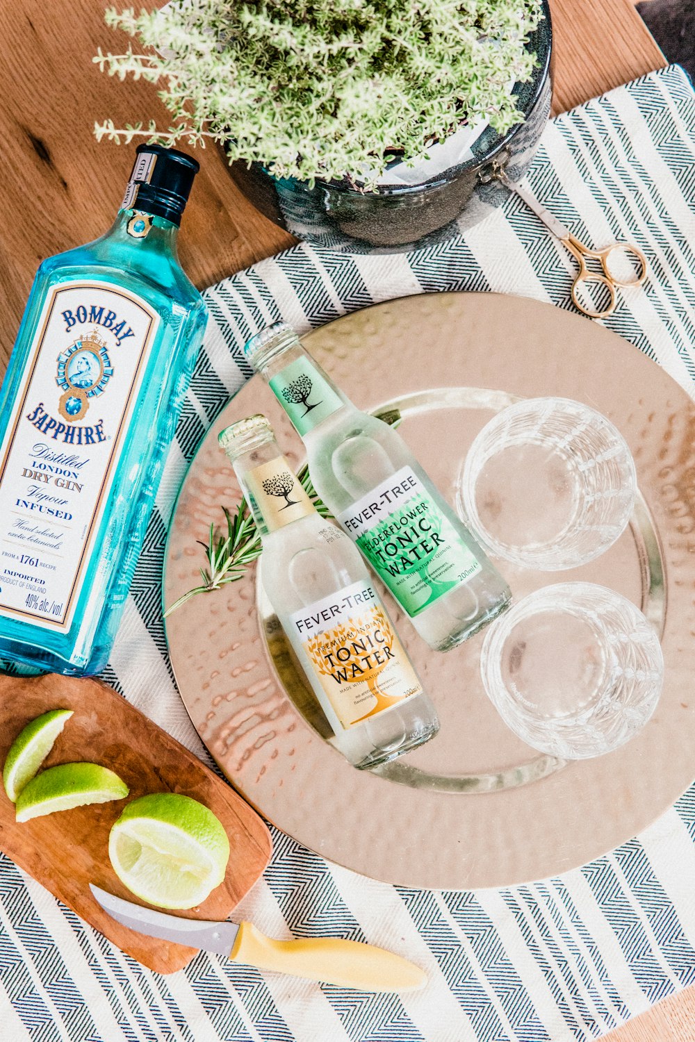 labeled bottles on table and plate