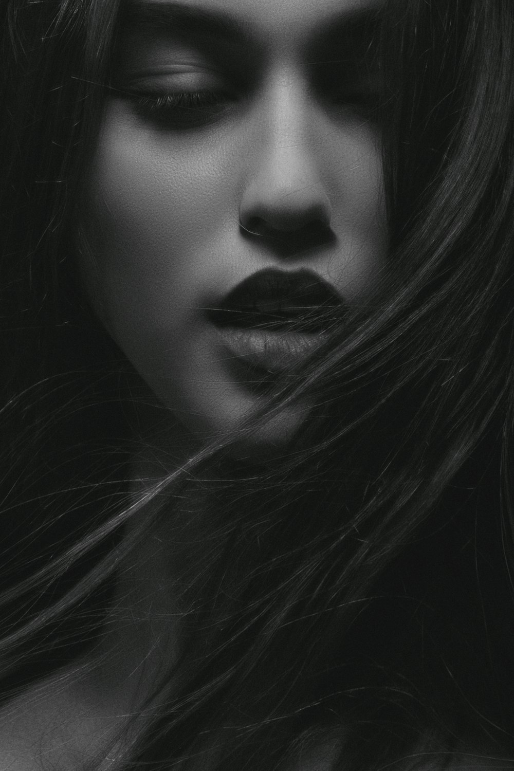 grayscale photography of womens face