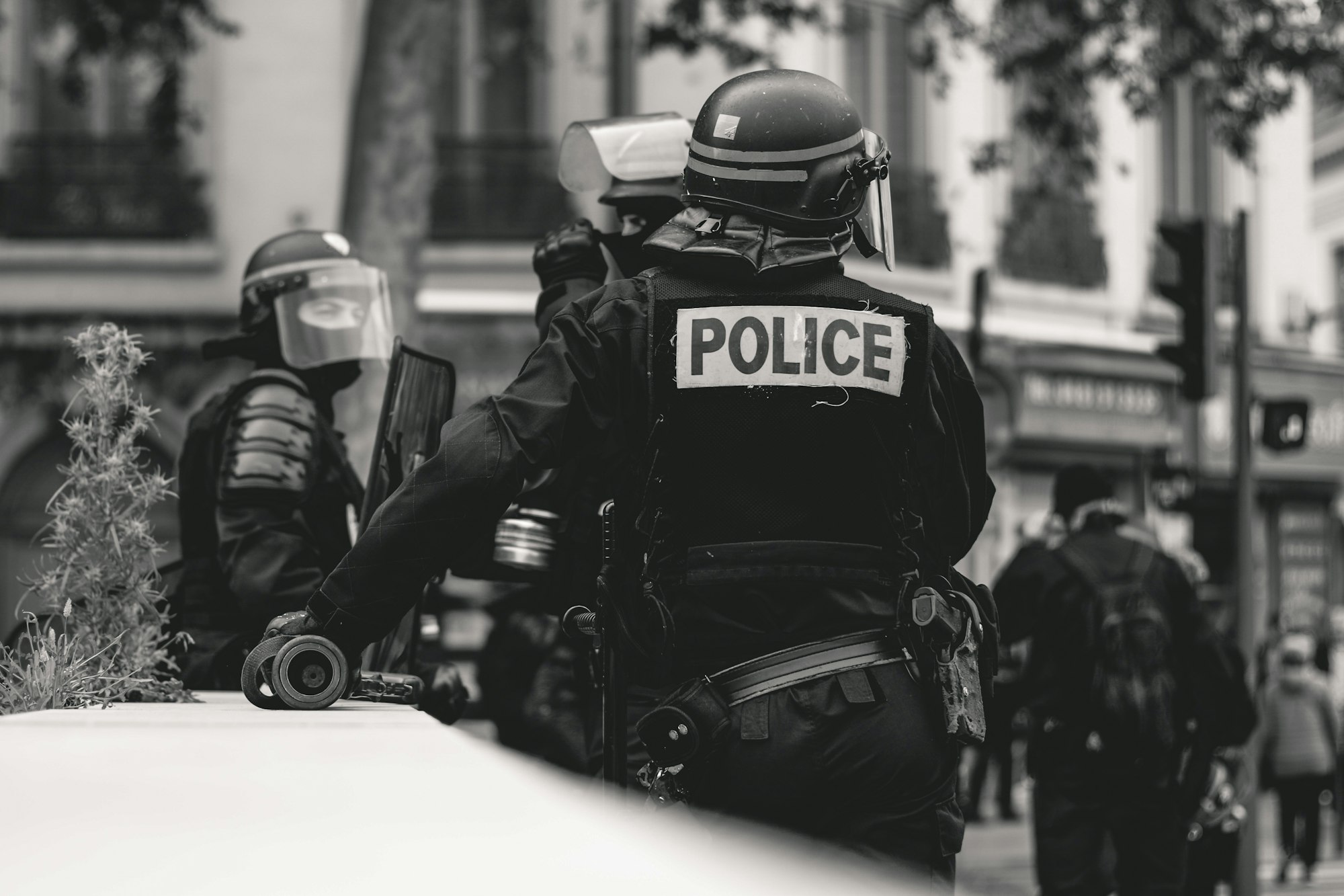 High police presence in Lyon, France, during the 25th weekend of the yellow vests movement.

Police violence is at its highest since the 1950s. There is an extensive use of tear gas, sting-ball grenades and the LBDs ("defense ball launchers") against largely peaceful protesters. The policeman holds his hand on a LBD, shown on the left in the picture. The use of LBDs is very controversial, causing serious injuries.

As of now (May 5th), 292 persons claim to be seriously injured by rubber balls, 23 persons lost an eye, 5 a hand during protests (source: mediapart.fr, http://tiny.cc/6hd85y).