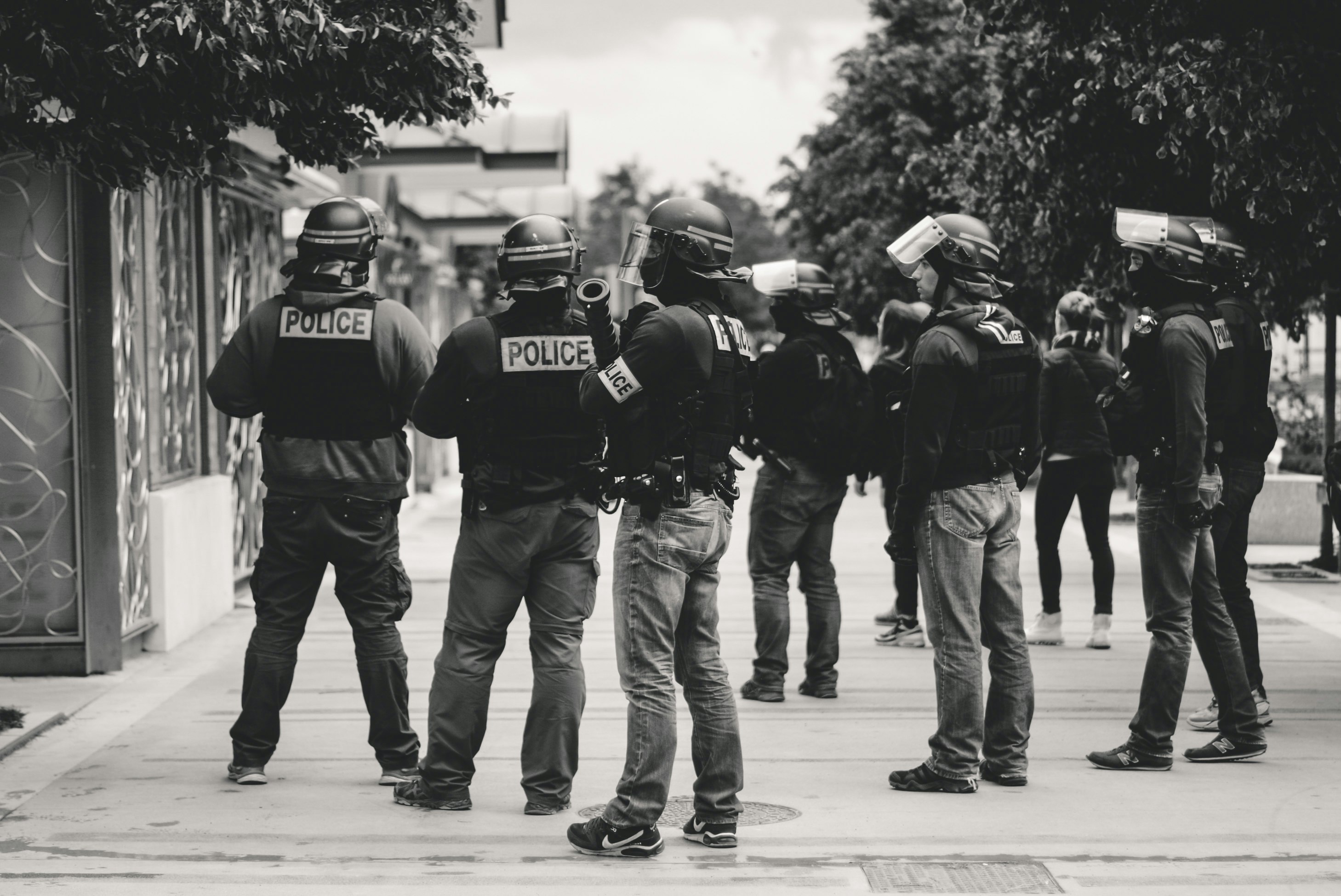 High police presence in Lyon, France, during the 25th weekend of the yellow vests movement.

Police violence is at its highest since the 1950s. There is an extensive use of tear gas, sting-ball grenades and LBDs ("defense ball launchers") against largely peaceful protesters. The policeman in the middle holds a LBD. The use of LBDs, that can cause serious injusries, is highly controversial. As of now (May 5th), 292 persons claim to be seriously injured by rubber balls, 23 persons lost an eye and 5 persons their hand during protests (source: mediapart.fr, http://tiny.cc/6hd85y).