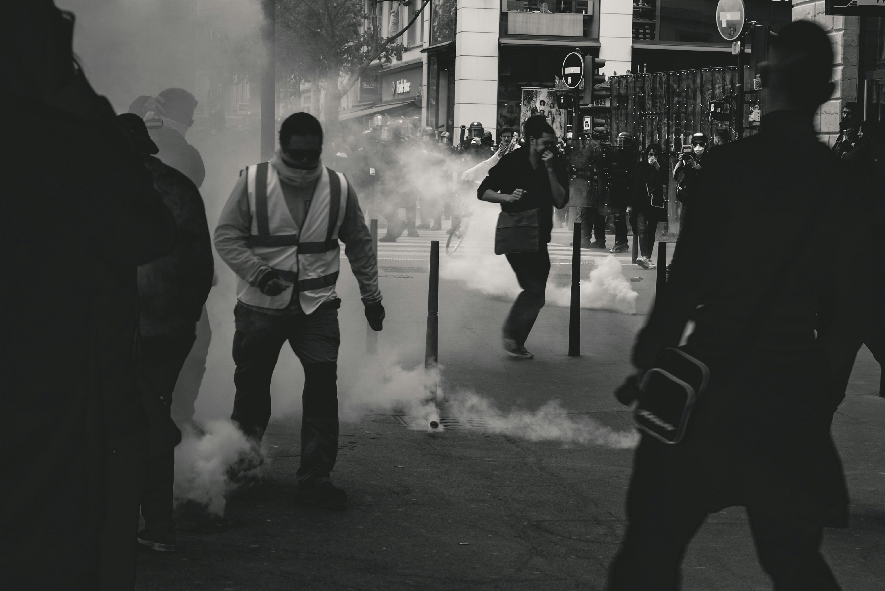 Police fires tear gas at Yellow Vest demonstrators during the 25th weekend of protests in the streets of Lyon, France.

Police violence is at its highest since the 1950s. There is an extensive use of tear gas, sting-ball grenades and LBDs ("defense ball launchers") against largely peaceful protestors. According to official numbers, as of now, 1.428  tear gas grenades and 13.460 rubber bullets have been fired.
As of now (May 5th, 2019), 23 persons lost an eye and 5 persons their hand during protests (source: mediapart.fr, http://tiny.cc/6hd85y).