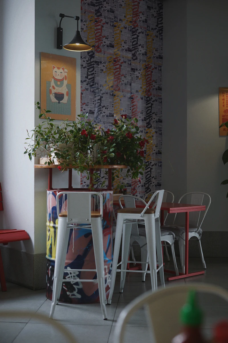 Bright café seating with colourful walls