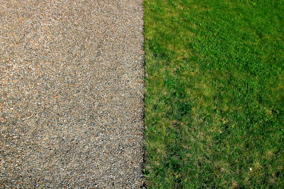 Close-up view of two lawns separated by gray concrete sidewalk with contrasting textures