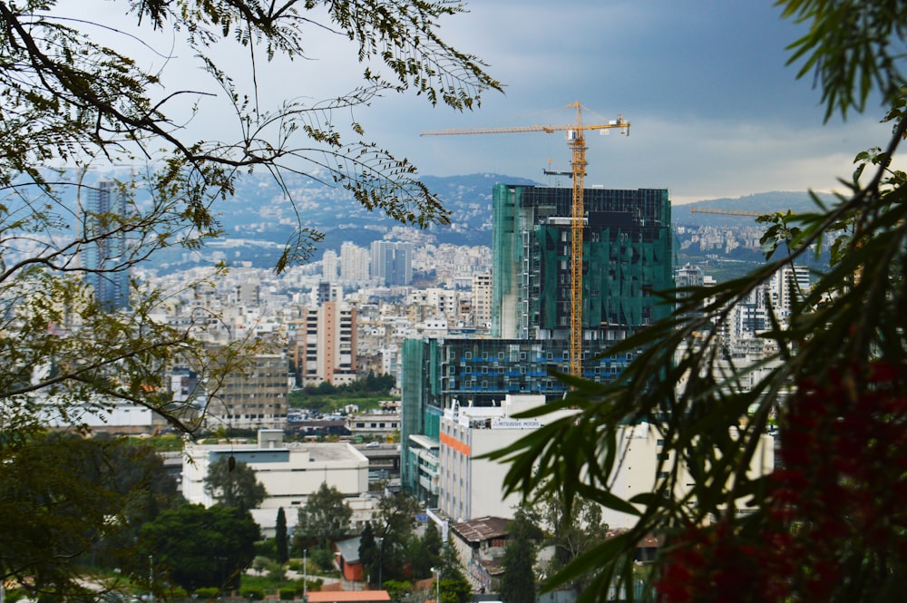 gru gialla accanto all'edificio