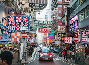 A vibrant street scene showcasing urban life in Hong Kong.