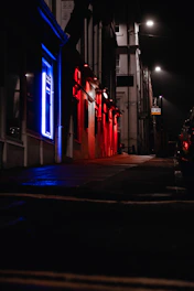 A shadowy city street glowing with neon reds and golds, hinting at hidden nightlife.