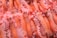 A pile of langoustines (also known as Norway lobsters) displayed on a bed of crushed ice. The langoustines have orange and white segmented shells and small black eyes. Their bodies and claws are mostly intact and arranged closely together.
