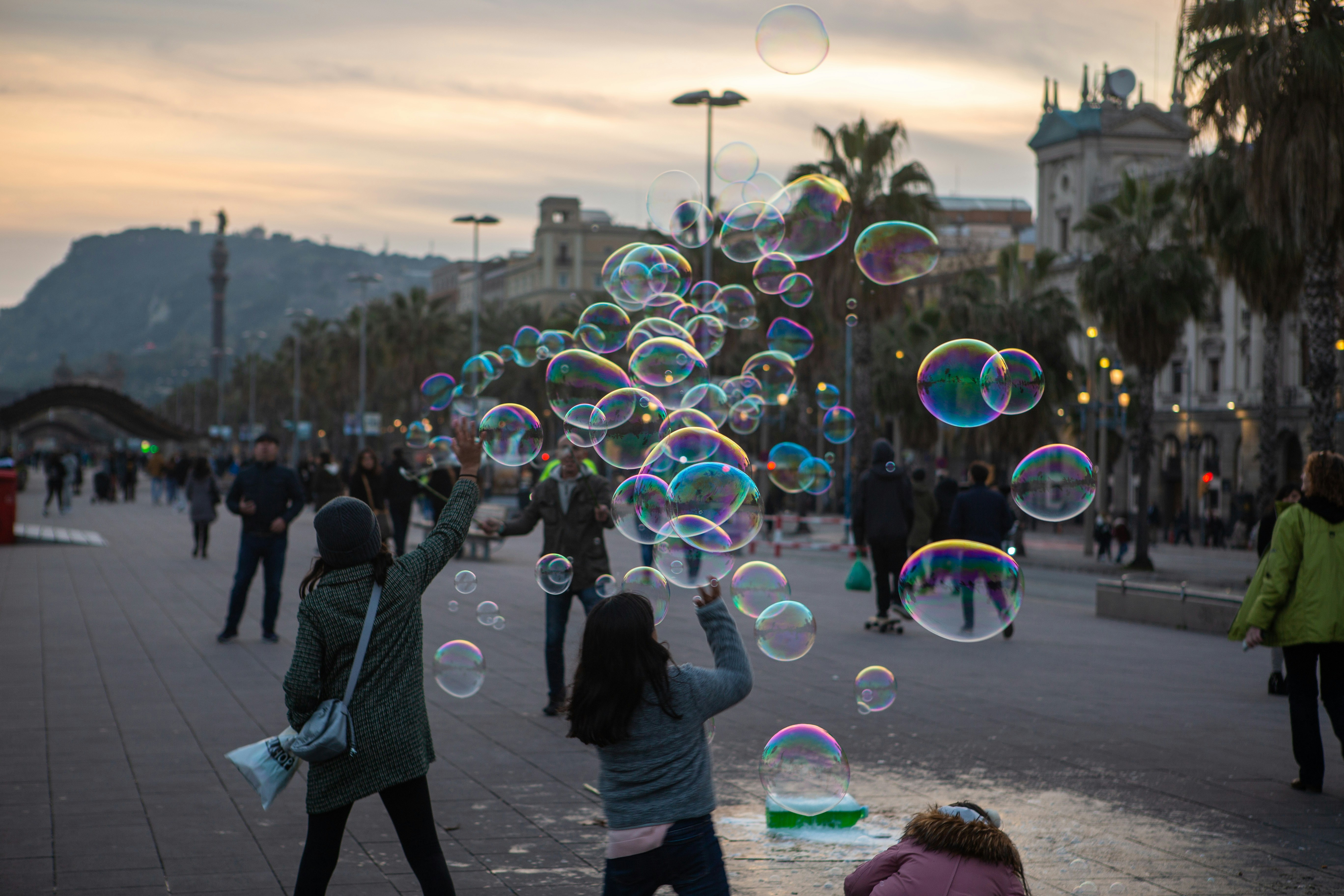 bubbles near walking people