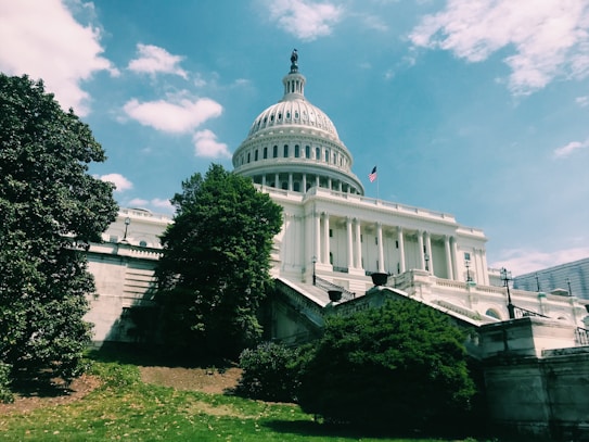 The image features the United States Capitol building with its iconic dome, set against a backdrop of a bright blue sky with scattered clouds. Lush green trees and a trimmed lawn surround the historic white building, enhancing its grandeur. An American flag is visible flying atop the dome.