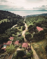 The image depicts a serene landscape with a narrow dirt road running through a lush green forested area. Several houses with red-tiled roofs are scattered along the road, surrounded by dense trees and vegetation. In the background, a calm body of water is visible, bordered by distant mountains under a cloudy sky.