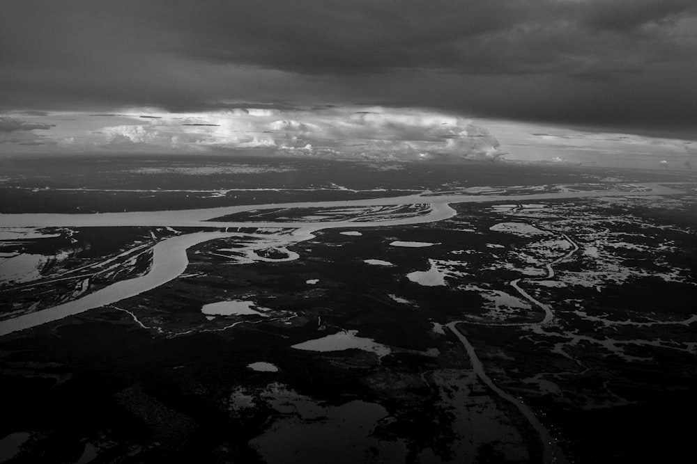 grayscale photography of aerial land
