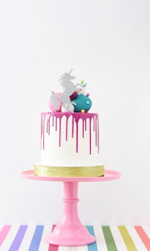 A cake with white frosting and bright pink drip design is beautifully adorned with colorful spherical decorations and a glittery unicorn topper. The cake sits on a pink cake stand, and the background features a white wall and a table with a rainbow-striped pattern.