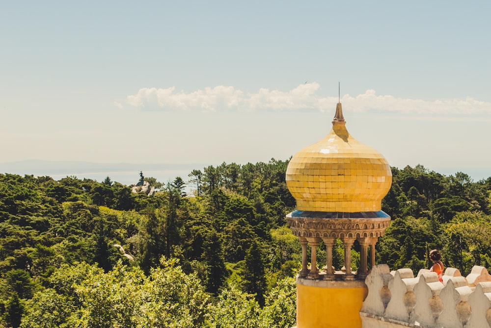 yellow and blue dome post near trees