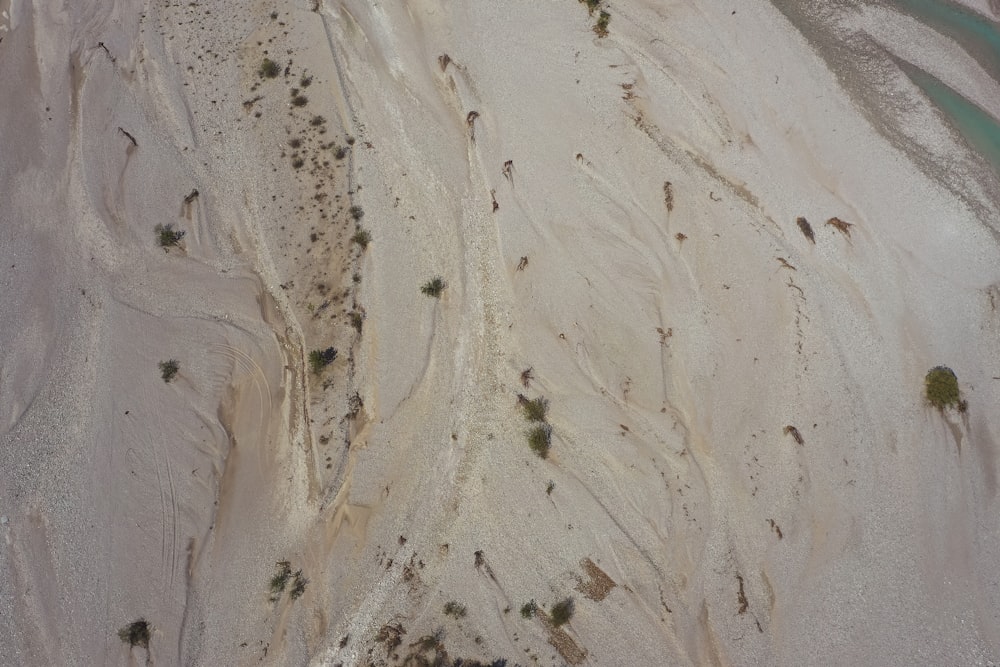 Una vista aérea de una playa de arena y agua