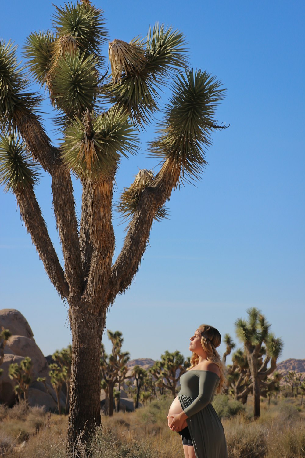 woman in black off-shoulder long-sleeved dress in front of tree during daytime