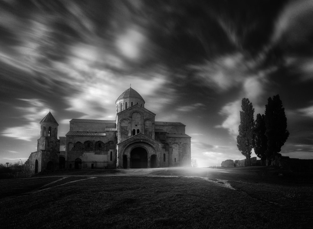 grayscale photo of church