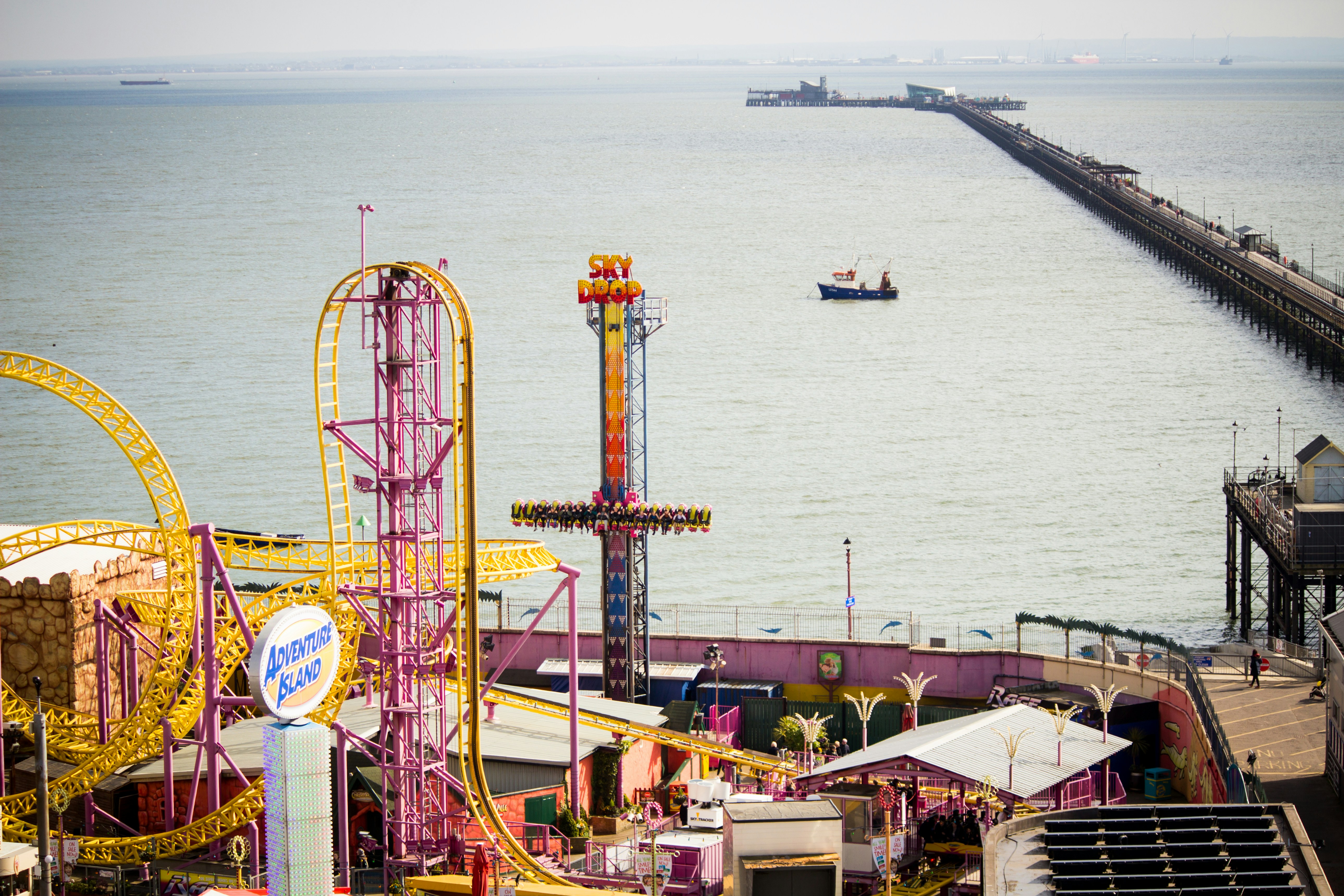 Southend Pier - noted as the longest pleasure pier in the world, and the Adventure Island Fun Park at Southend-on-Sea, Essex, Britain.  