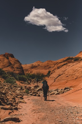 A lone hiker with trekking poles walks along a rugged, rocky path through a canyon with vibrant red rock formations under a clear blue sky. A solitary cloud floats overhead, adding contrast to the scene.