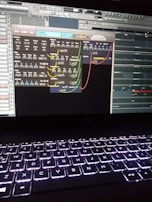 A computer screen displays a digital audio workstation with various audio controls and modules visible. The screen is filled with plugins and mixer settings for music production. Below the screen, a laptop keyboard is visible, illuminated by a backlight.