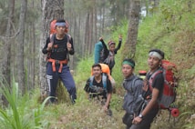 Five young men are hiking through a dense forest, wearing outdoor gear including backpacks and headbands. The scene is lush with greenery, and the group appears to be on a narrow trail surrounded by tall trees and plants. The hikers are dressed in sporty attire, indicating a journey in nature.