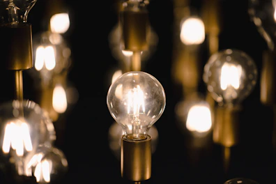 A collection of glowing LED bulbs in different shapes and sizes against a dark background.
