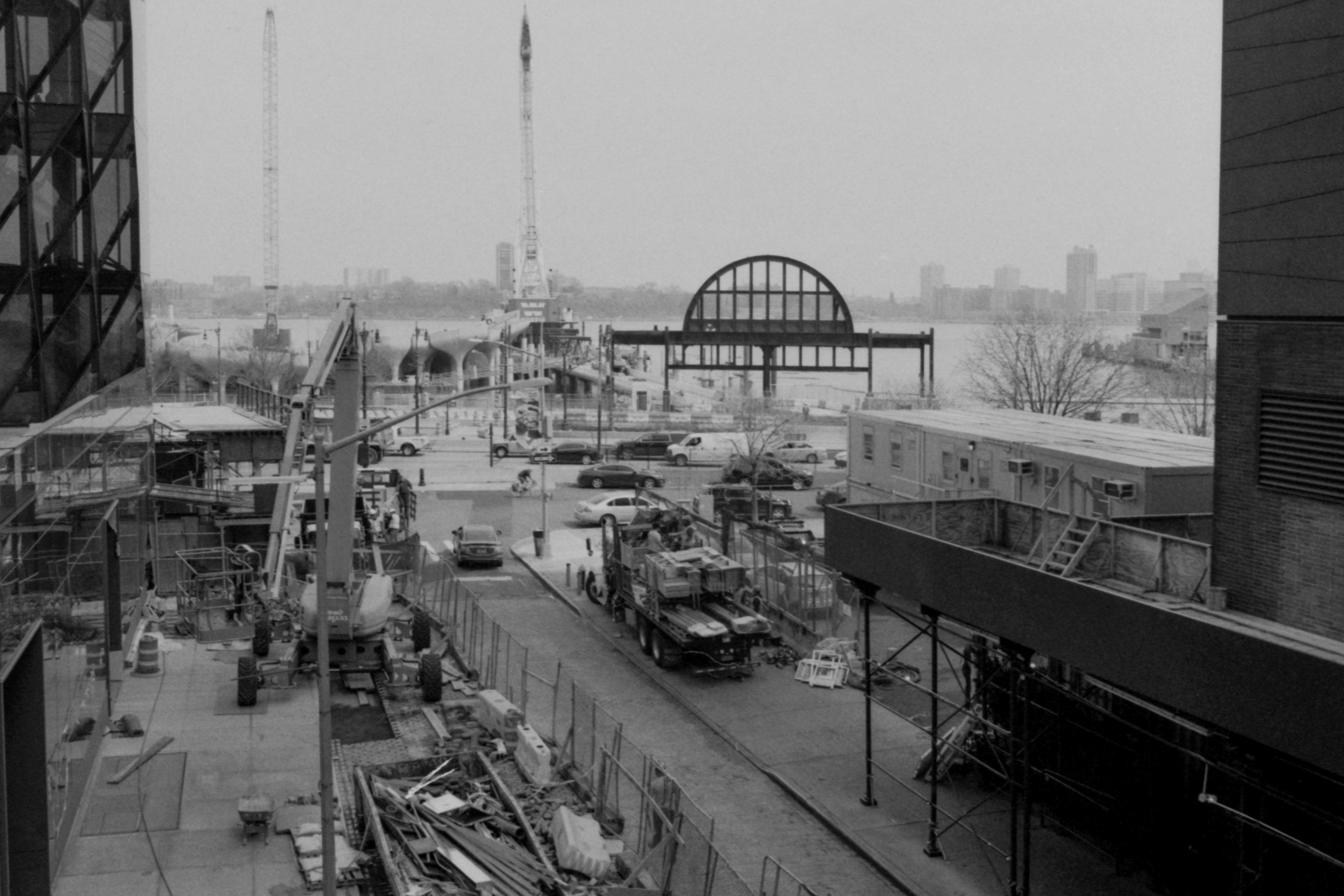 grayscale photo of construction cite