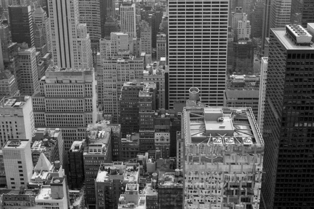 회색조 사진의 고층 건물