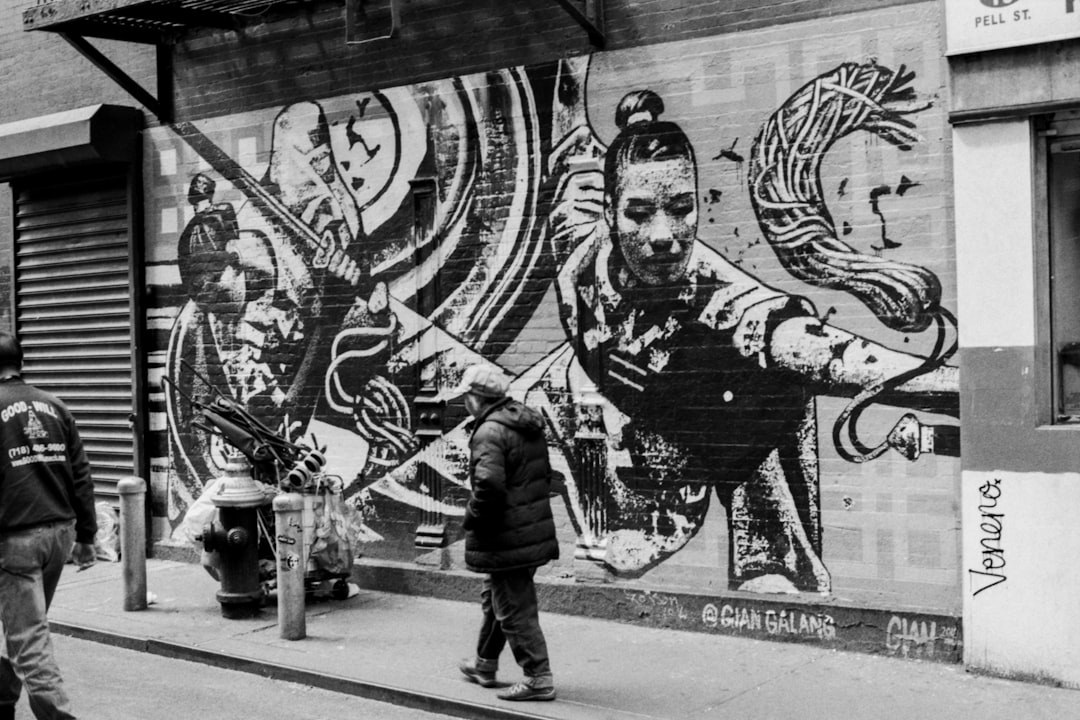 grayscale photography of mural