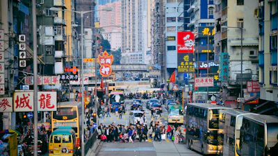 A vibrant snapshot of a bustling city street, full of life and color.