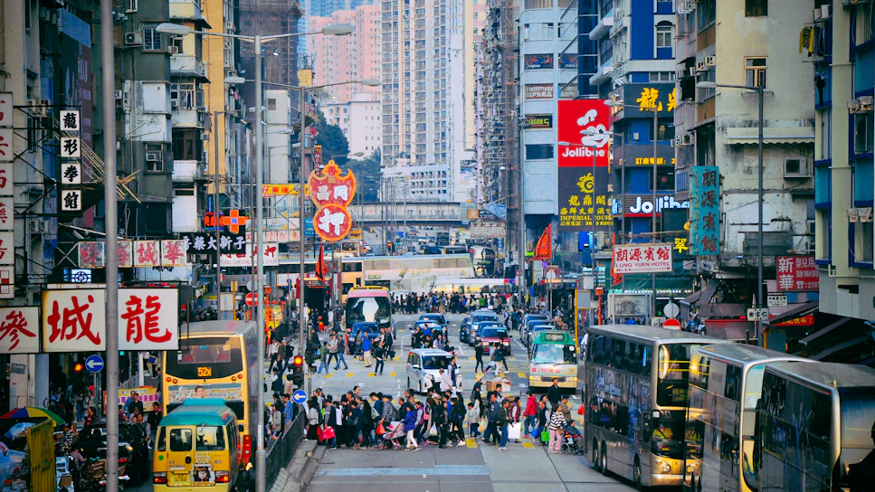 A vibrant street scene from a bustling international city, capturing diverse cultures.