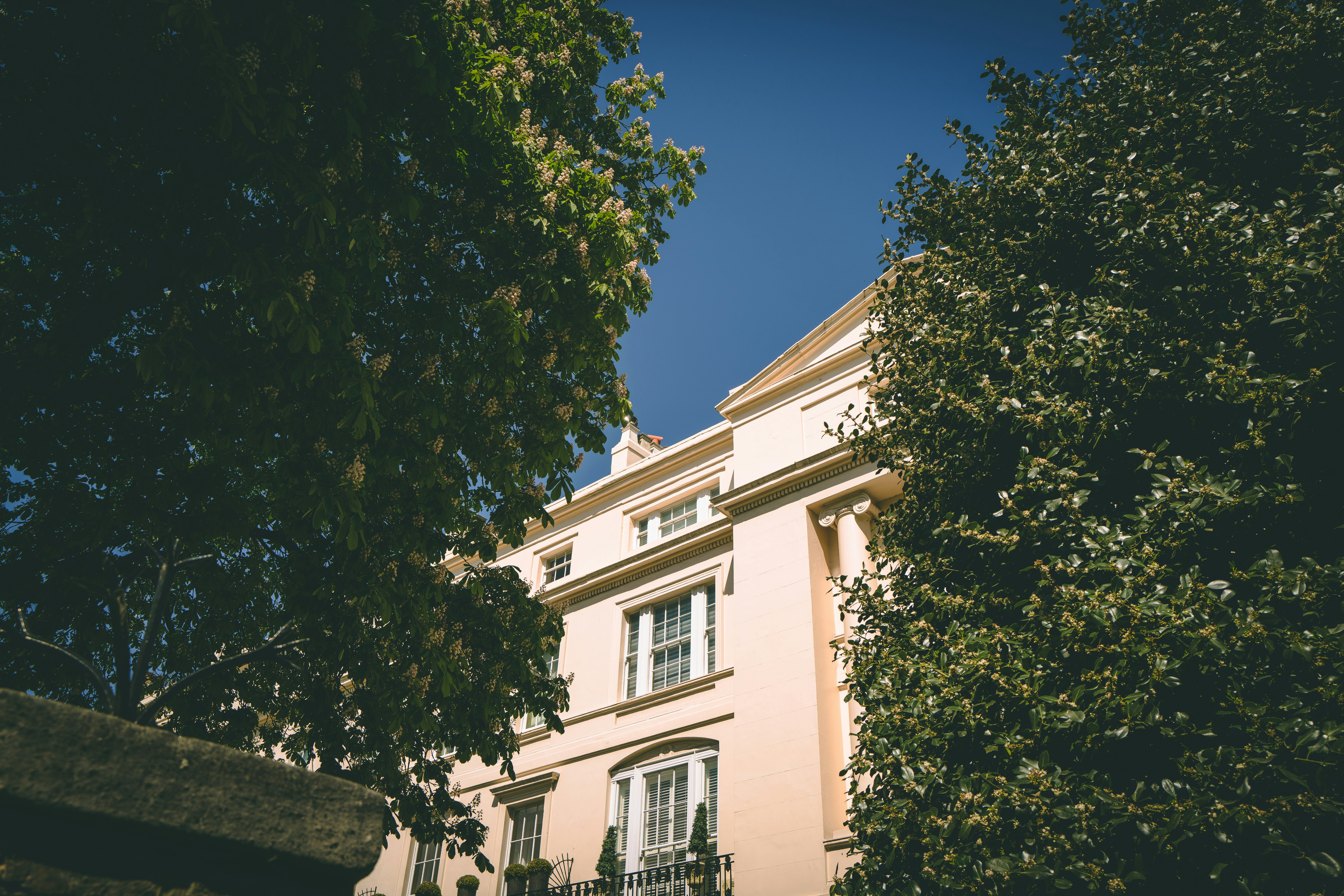 A private row of grand terraced houses adjacent to Regents Park in West London peeking out from between the trees.