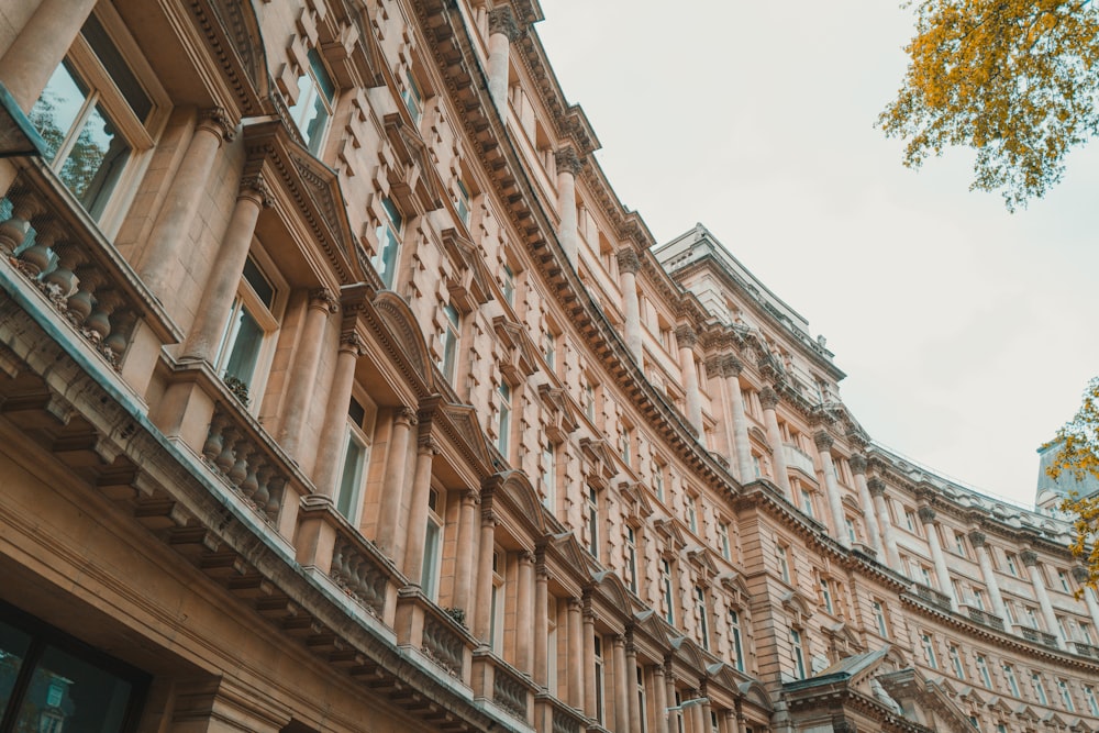 low-angle photo of brown curved building