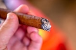 A hand is holding a partially smoked cigar with ash at the burning end. The cigar is brown with a visible texture on the wrapper. The background is blurred in warm tones, highlighting the focus on the hand and the cigar.