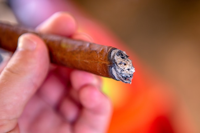 A hand is holding a partially smoked cigar with ash at the burning end. The cigar is brown with a visible texture on the wrapper. The background is blurred in warm tones, highlighting the focus on the hand and the cigar.