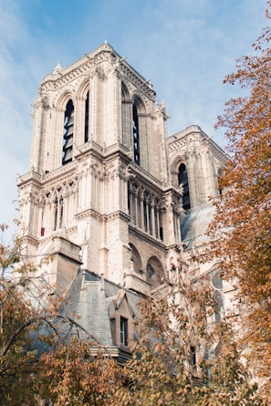 Notre Dame in Paris under blue and white skies